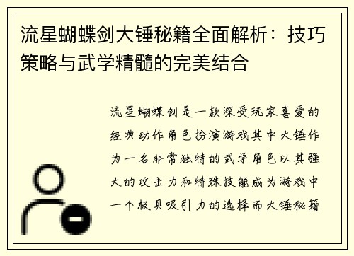 流星蝴蝶剑大锤秘籍全面解析：技巧策略与武学精髓的完美结合