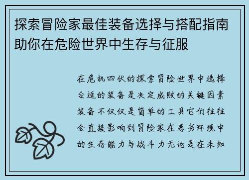 探索冒险家最佳装备选择与搭配指南助你在危险世界中生存与征服